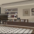 Brown Bookcase with Multiple Shelves Filled with Books Decorative Items Featuring Window Blinds Wooden Floor Table Lamp