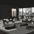 Modern Living Room Interior Design With Sofas Armchairs Coffee Table Rug And Large Windows