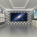 Modern Exhibition Hall With Starry Sky Backdrop Lighting Display Counters And Posters 3d model