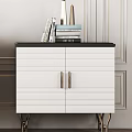 White Entryway Cabinet And Sideboard With Gold Metal Legs Black Countertop And Decorative Items