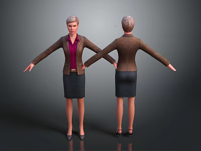 Business Woman In Brown Blazer Purple Blouse And Black Skirt Front Back View 3d model