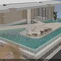 Outdoor Hotel Public Lounge Area With Swimming Pool And Modern Relaxing Seating