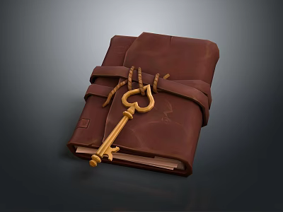 Vintage Brown Notebook Tied With Rope And Adorned With Golden Key On Dark Background 3d model
