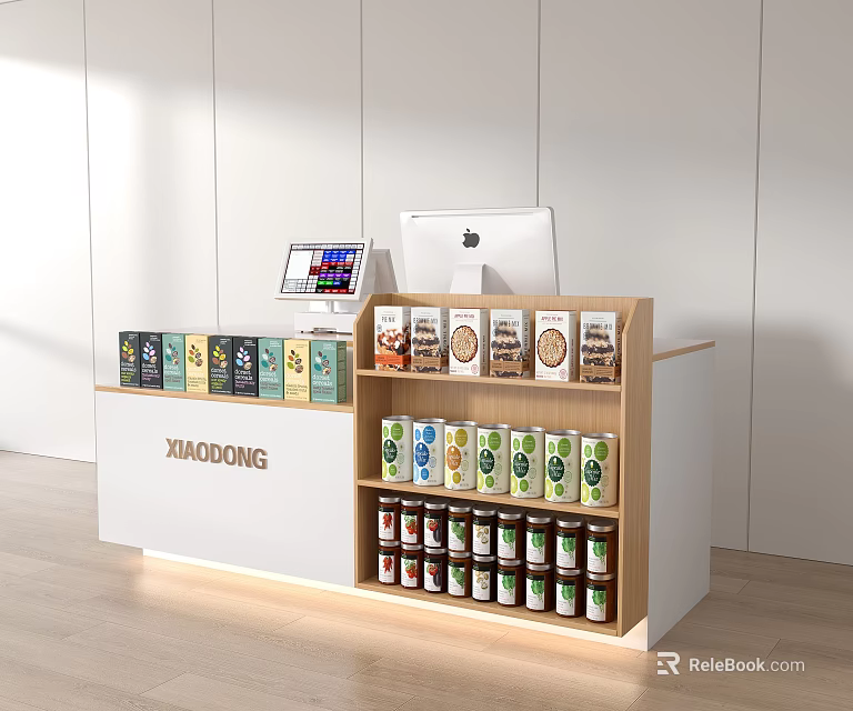 XIAMAODONG Cashier Counter with Tablet Apple Computer and Snack Display Shelves 3d model 