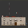 Traditional Stone Building With Red Roof Square Structure Multiple Windows And Doorways
