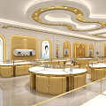 Elegant Modern Jewelry Store Interior With Gold Round Display Counters And Bright Lighting