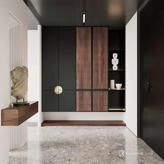 Luxurious Modern Living Room Interior With Dark Wooden Cabinets Stone Sculpture And Decorative Vases 3d model 