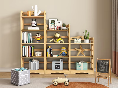 Wooden Shelf Decorative Ornament Set With Dolls Books Plants And Storage Baskets In Kids Room 3d model