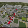 Modern Industrial Park With Glass Facade Buildings Central Green Space And Red Walkway