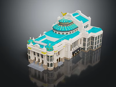 Cartoon Style Classical Building With Blue Roof Golden Dome And White Facade 3d model