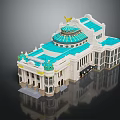 Cartoon Style Classical Building With Blue Roof Golden Dome And White Facade