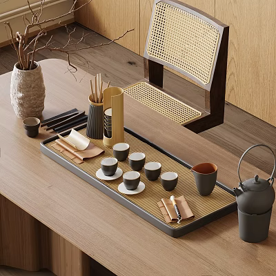 Minimalist Tea Set with Ceramic Cups Teapot and Bamboo Tray on Wooden Table 3d model