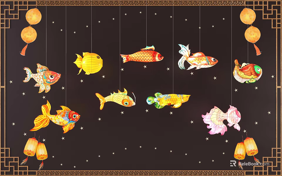 Colorful Fish Shaped Hanging Ornaments with Stars and Lanterns for Festive Decoration 3d model 