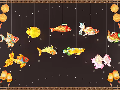 Colorful Fish Shaped Hanging Ornaments with Stars and Lanterns for Festive Decoration 3d model