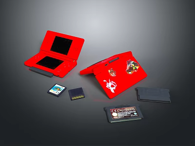 Red Open Portable Laptop with Black Screen Game Cartridges and Stickers 3d model