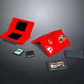 Red Open Portable Laptop with Black Screen Game Cartridges and Stickers