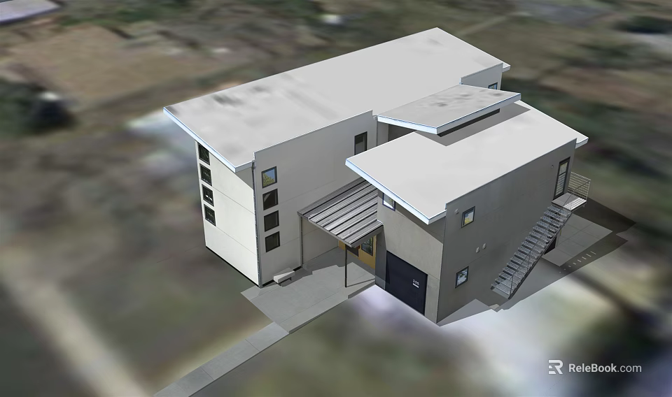 Modern Single Family House With White Exterior Windows Garage Entry Canopy And Stairs 3d model 
