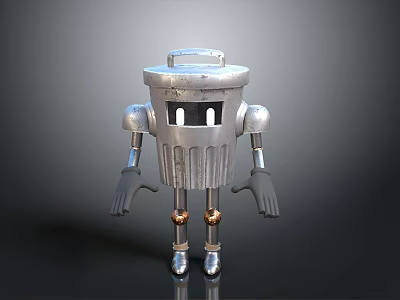 Silver Metal Robot Character With Bucket Shaped Body Eye Windows Arms And Legs 3d model