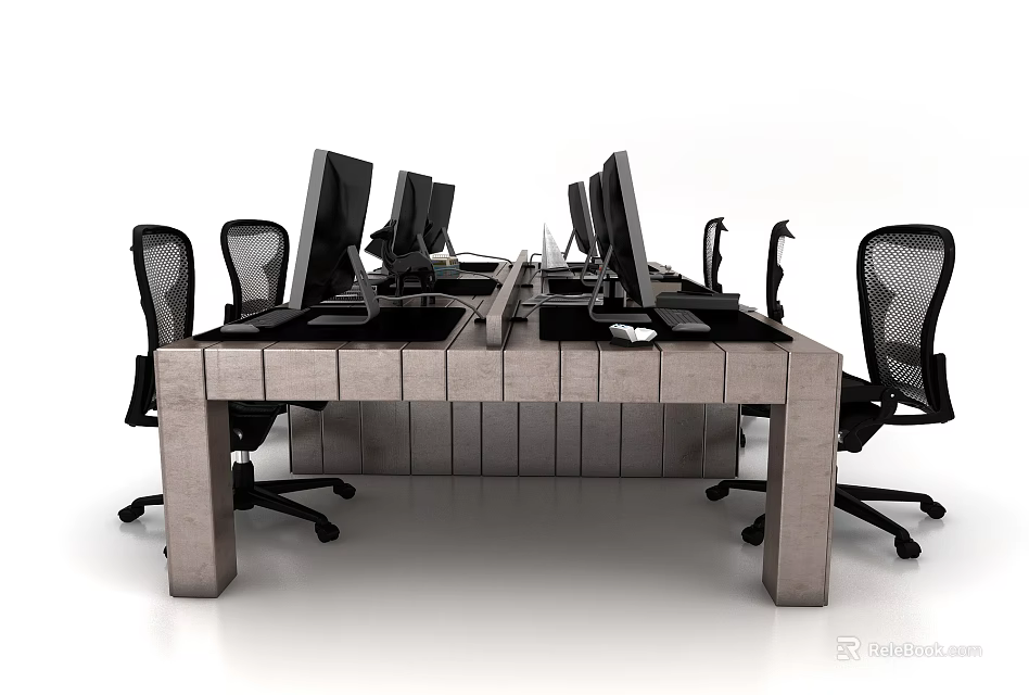 Modern Wooden Conference Table With Black Office Chairs And Computer Monitors 3d model 