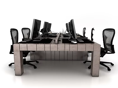 Modern Wooden Conference Table With Black Office Chairs And Computer Monitors 3d model