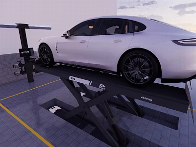 White Car Being Serviced On Hydraulic Lift In Auto Repair Garage 3d model