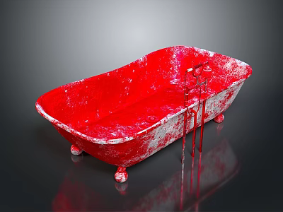 Vintage Red Bathtub With Chipped Paint Finish Red Faucet And Black Background Reflection 3d model