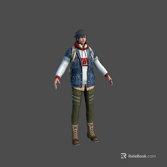 3D Human Character Model With Gray Hair Blue Vest White Shirt Green Pants Brown Boots 3d model 