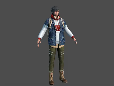 3D Human Character Model With Gray Hair Blue Vest White Shirt Green Pants Brown Boots 3d model