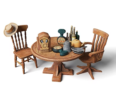 Vintage Rustic Dining Table Set With Wooden Chairs Teapot Bottles And Radio 3d model
