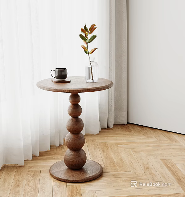 Wooden Round Top Side Table With Stacked Ball Base And Coffee Cup Plant Vase 3d model 