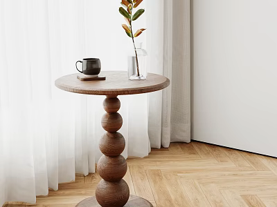 Wooden Round Top Side Table With Stacked Ball Base And Coffee Cup Plant Vase 3d model