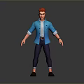 3D Model Standing Man with Red Hair Blue Shirt Gray Pants and Gray Shoes