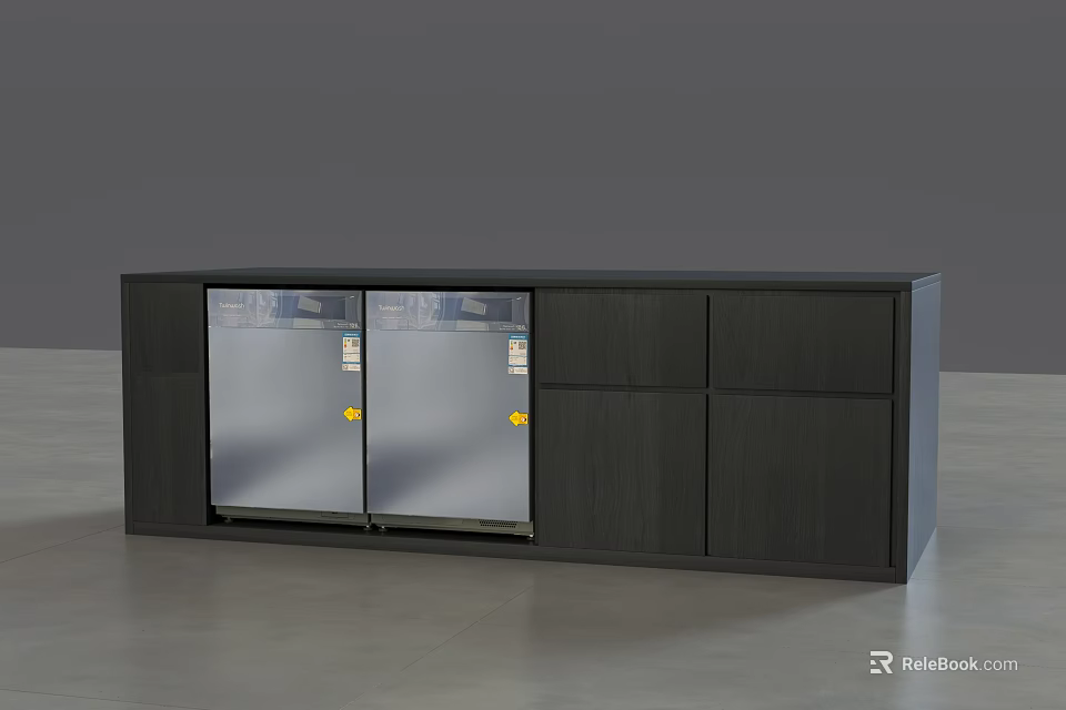 Modern Dark Wood Sideboard With Glass Doors Metal Handles And Storage Drawers 3d model 