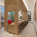 Wooden Restaurant Interior With Long Table High Chairs Windows And Green Plants