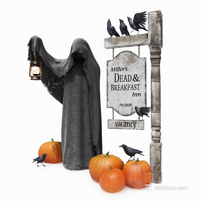 Halloween Scene With Ghost Lantern Pumpkins Crows And Inn Sign 3d model 