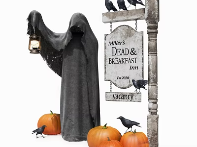 Halloween Scene With Ghost Lantern Pumpkins Crows And Inn Sign 3d model