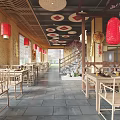 Traditional Chinese Restaurant Interior Featuring Bamboo Tables Chairs Red Lanterns Round Mirrors And Clay Pots