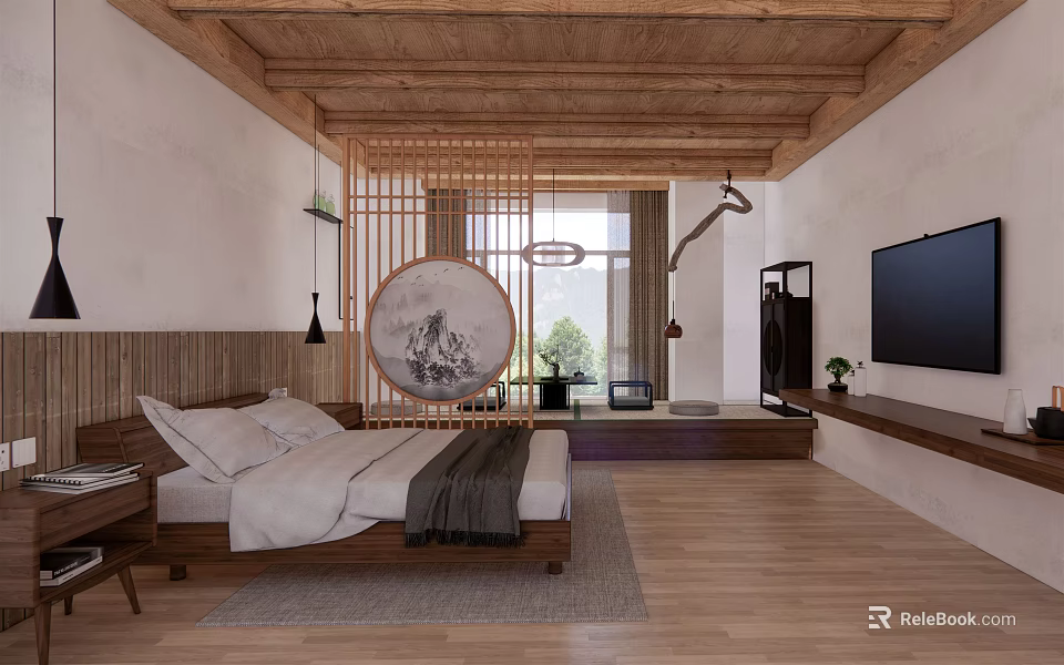 Minimalist Hotel Room With Bed Wooden Ceiling Floor Circular Decorative Painting TV And Screen Partition 3d model 