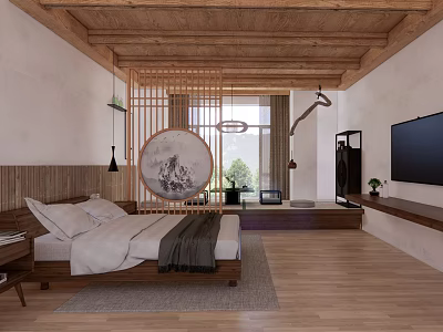 Minimalist Hotel Room With Bed Wooden Ceiling Floor Circular Decorative Painting TV And Screen Partition 3d model
