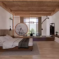 Minimalist Hotel Room With Bed Wooden Ceiling Floor Circular Decorative Painting TV And Screen Partition