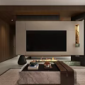 Modern Open Living and Dining Room with Wooden Bar Counter TV Wall Fireplace and Coffee Table