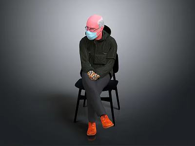 Elderly Man Sitting On Chair Wearing Mask Dark Jacket And Orange Shoes 3d model