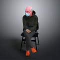 Elderly Man Sitting On Chair Wearing Mask Dark Jacket And Orange Shoes