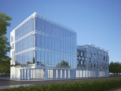 Modern Office Building Exterior With Glass Curtain Wall Greenery And Clear Blue Sky 3d model