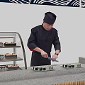 Man Chef In Black Uniform And Hat Preparing Sushi At Counter With Display Case