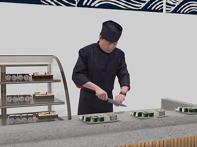 Man Chef In Black Uniform And Hat Preparing Sushi At Counter With Display Case 3d model