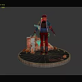 Construction Worker In Red Pants And Black Vest Standing With Tools Bricks On Circular Platform 3d model