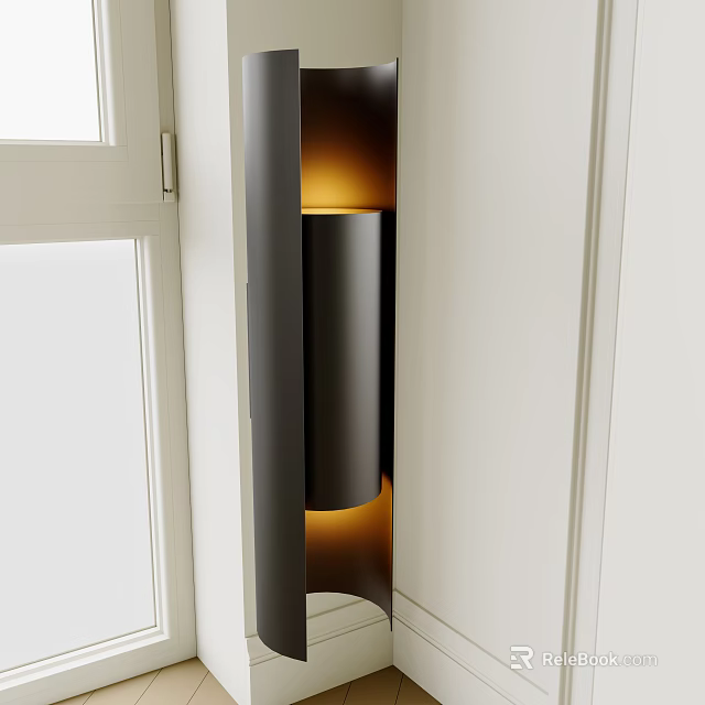 Contemporary Cylindrical Wall Sconce With Warm Ambient Lighting On White Interior Wall And Window 3d model 