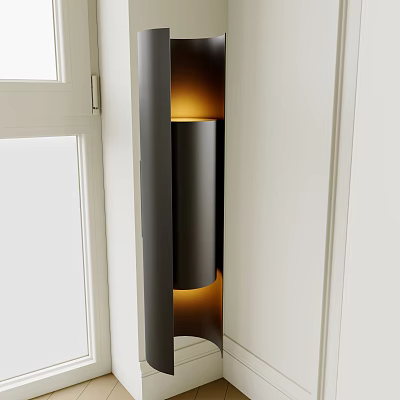 Contemporary Cylindrical Wall Sconce With Warm Ambient Lighting On White Interior Wall And Window 3d model