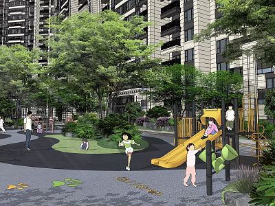 Residential Landscape With High Rise Buildings Green Trees Children's Playground Slide And Kids Playing 3d model